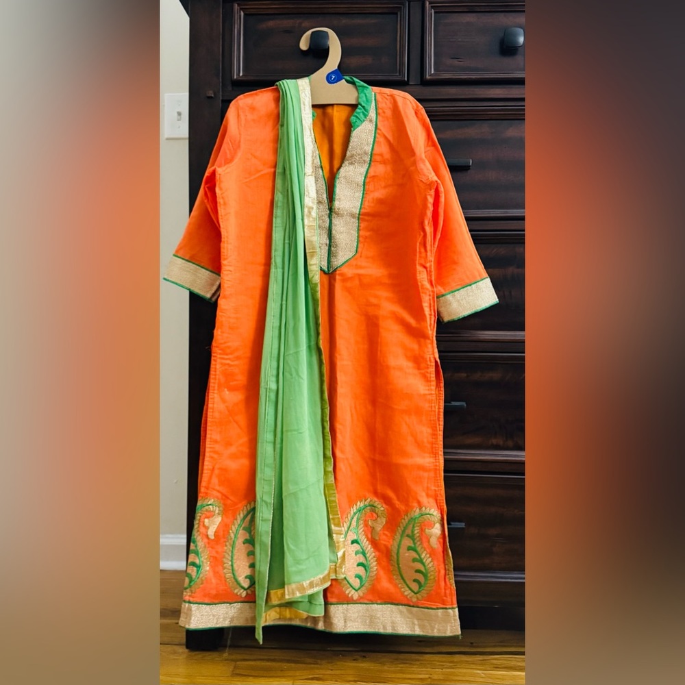 India Boutique Orange and Green Kurta Set